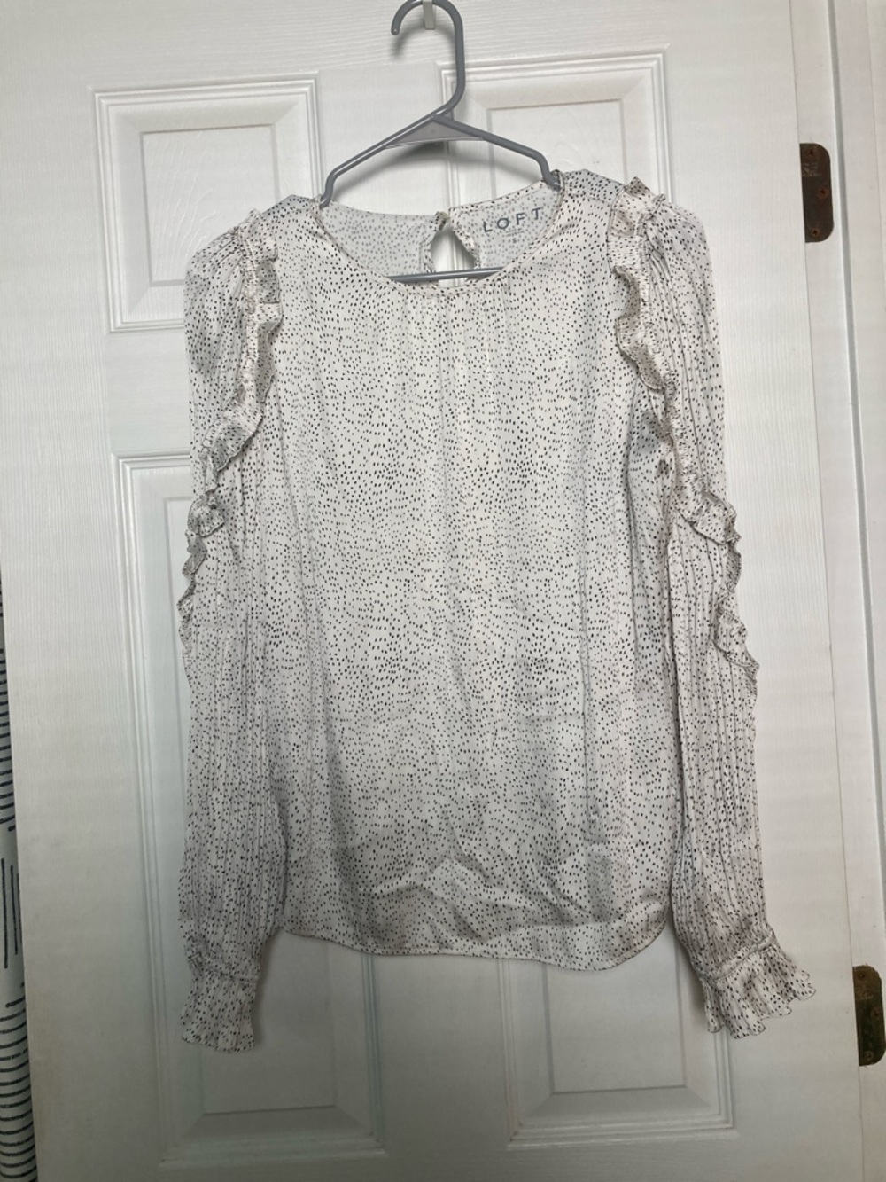 LOFT White Blouse with Black Dot Print and Ruffle Details